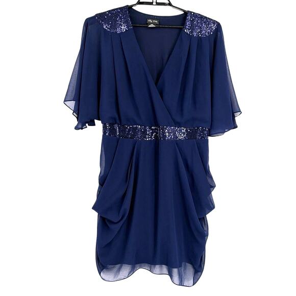City Chic Sequin Dress 18 Navy Chiffon Holiday Cocktail Wedding Flutter Cruise - Picture 1 of 12